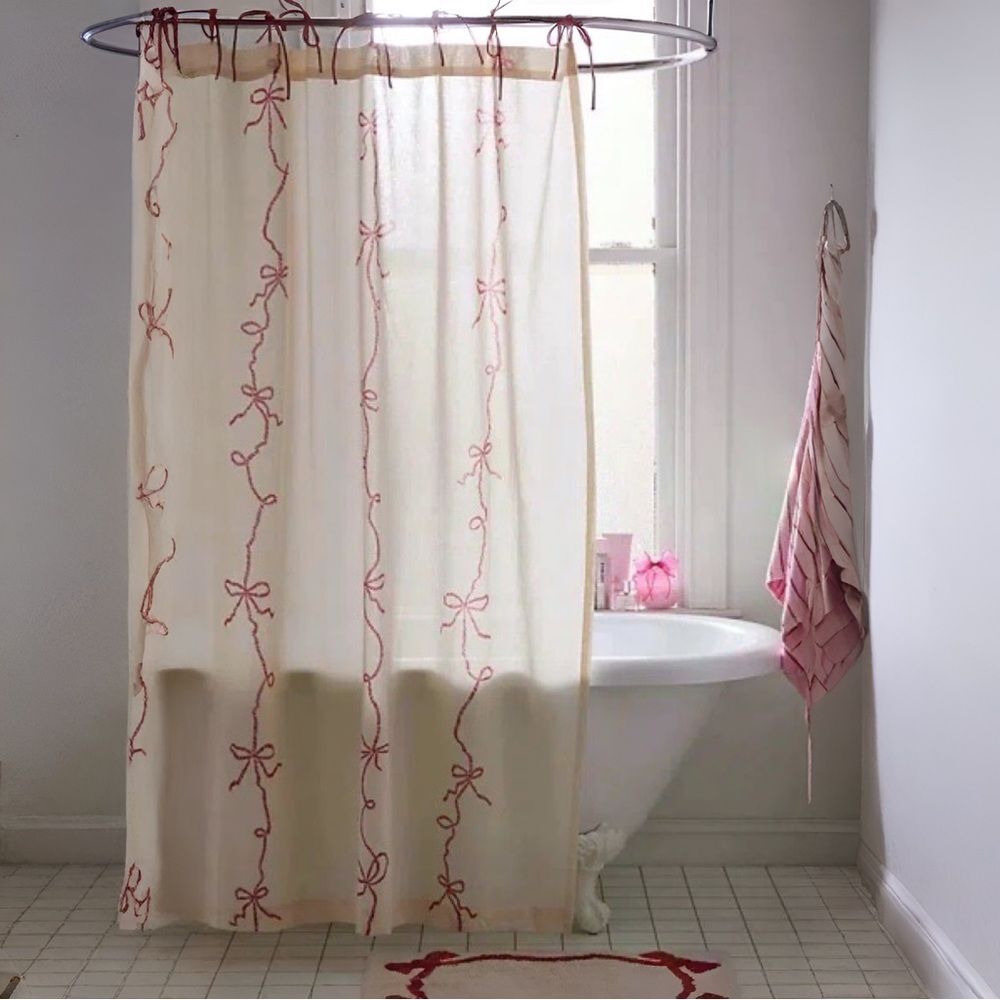 Urban Outfitters Home Lace Bows Cotton Shower Curtain in Cream/Red | 72"x72"